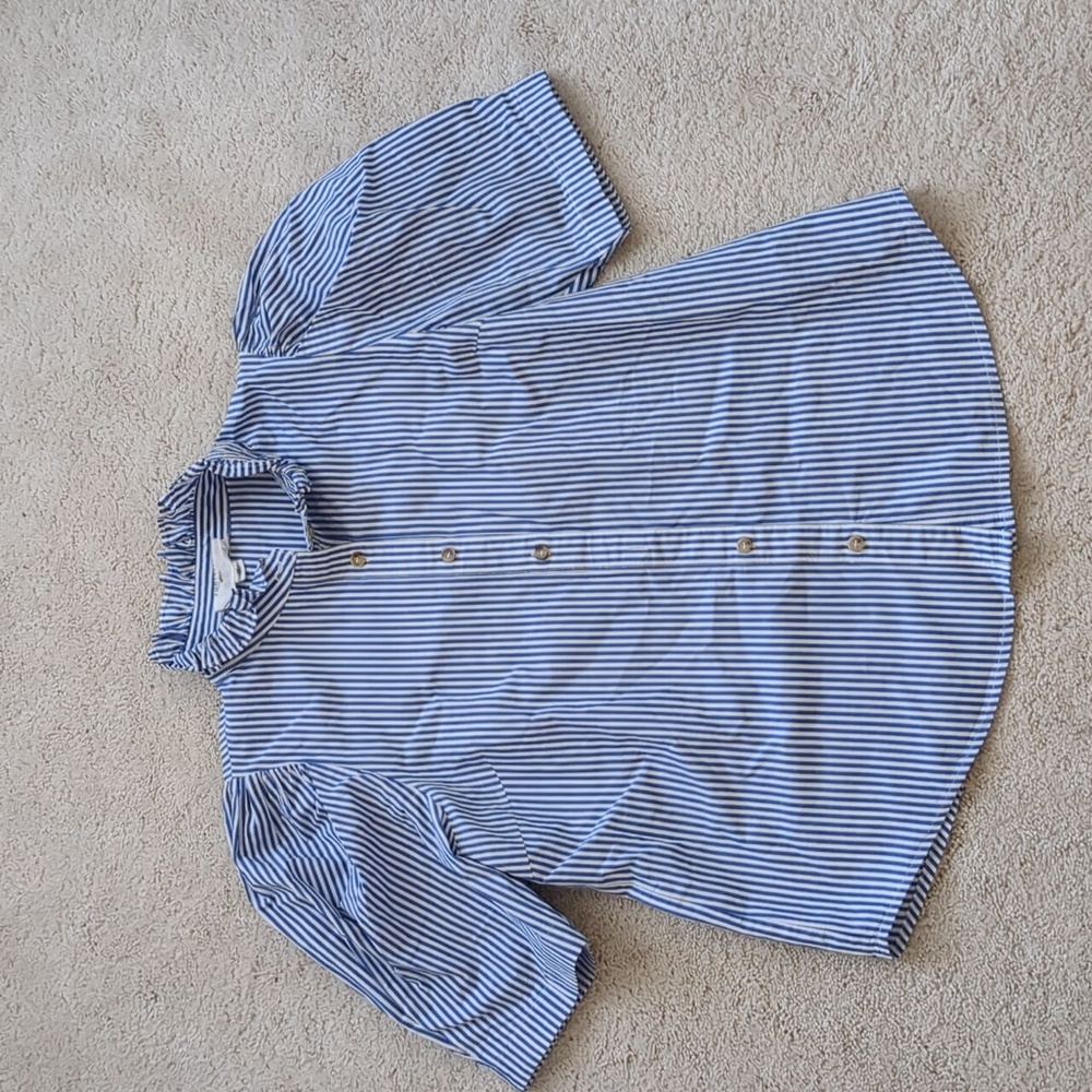 Tuckernuck Blue and White Striped Ruffle Collar Button-Up Blouse